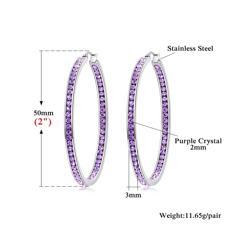 CiNily Purple Cubic Zirconia Stainless Steel Hoop Earring for Women Hypoallergenic Jewelry for Sensitive Ears Large Big Hoop Earrings 2" - Image 2